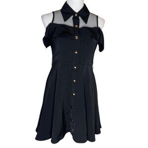 Blingor Women's Black Gold Botton Cap Sleeve Off Shoulder Sheer Slash Neck Sz M